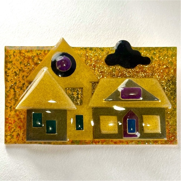 Vintage Lucinda House Pin Large Glitter Resin Houses Brooch Signed - Picture 1 of 9